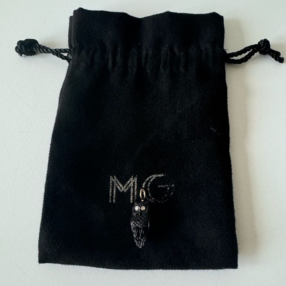 Maura Green Black Carved Wood Owl Pendant with Diamonds